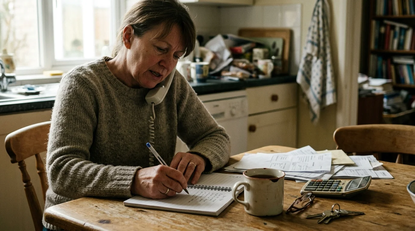 A woman sits at a kitchen table talking on a landline phone while writing notes alongside papers and a calculator.