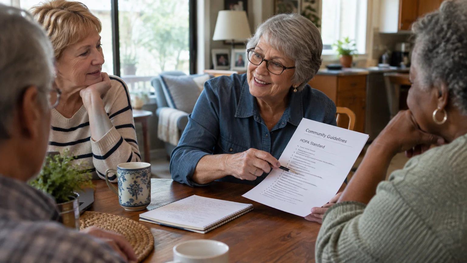 A smiling mature woman points with a pen to a printed HOPA Standard community guidelines document while talking with friends.