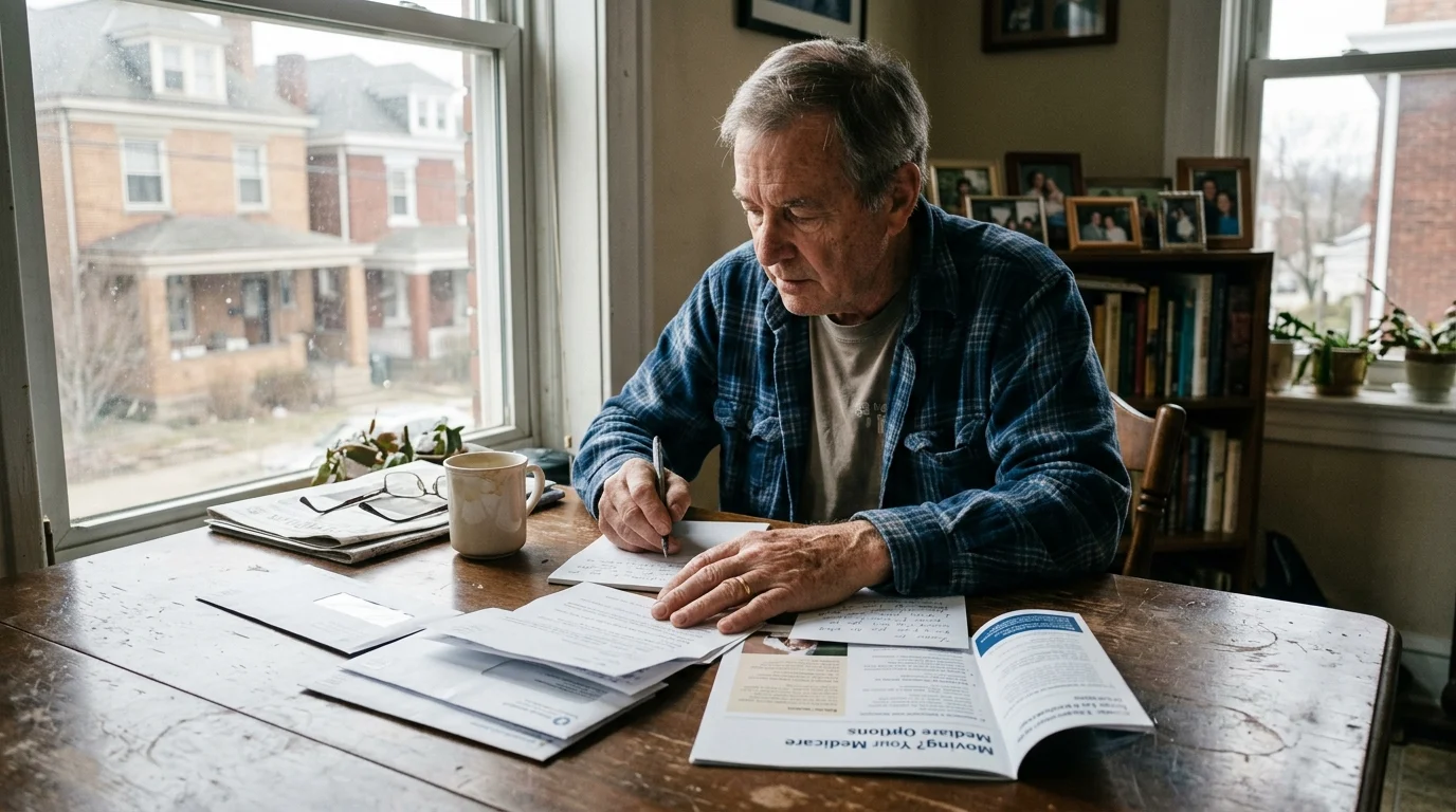 A senior man sits at a wooden table by a window writing notes alongside Medicare paperwork and mail.