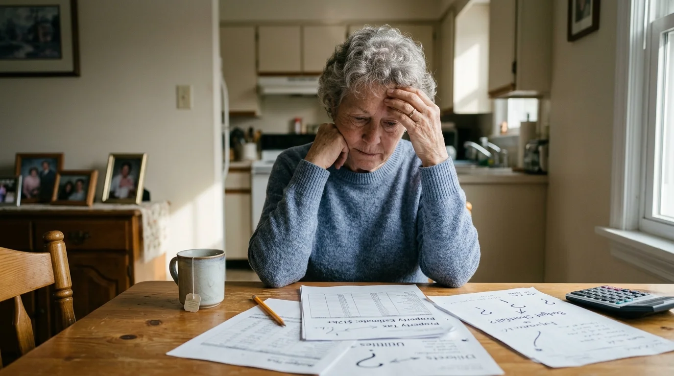 A senior woman sits at a wooden table looking stressed, resting her head in her hand over bills and a calculator.