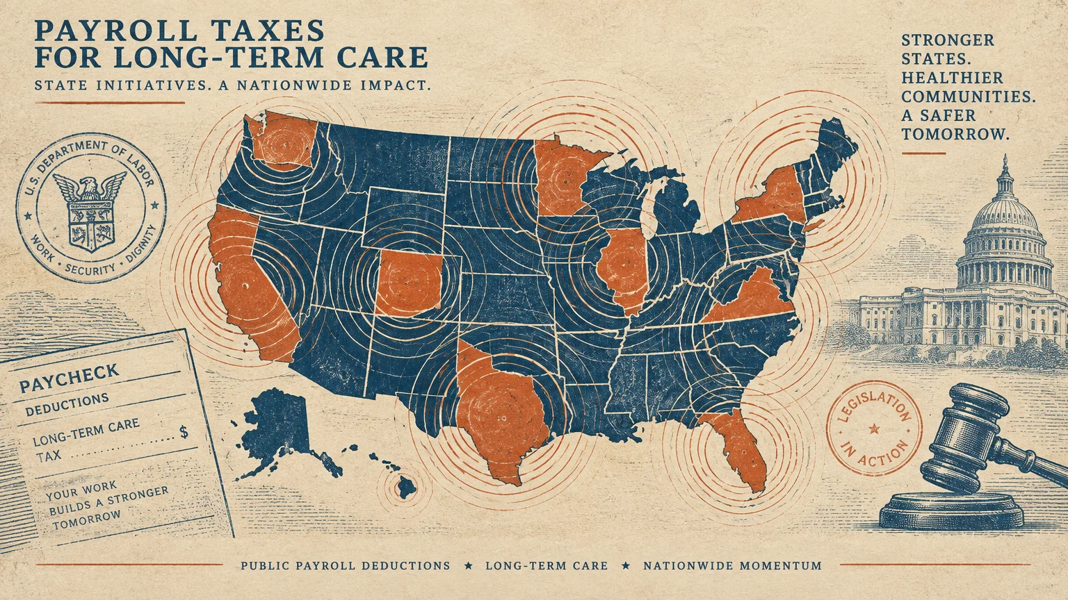 Illustration of a US map with highlighted states, a paycheck deduction slip, a gavel, and the Capitol dome.