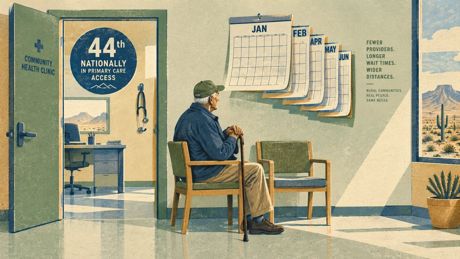 An elderly man with a cane sits in a clinic waiting room looking at calendar pages hanging on the wall.