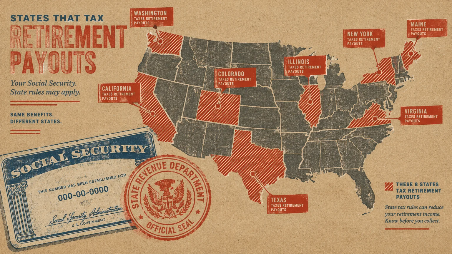 Illustrated US map highlighting eight states with red diagonal stripes alongside a Social Security card and stamp.