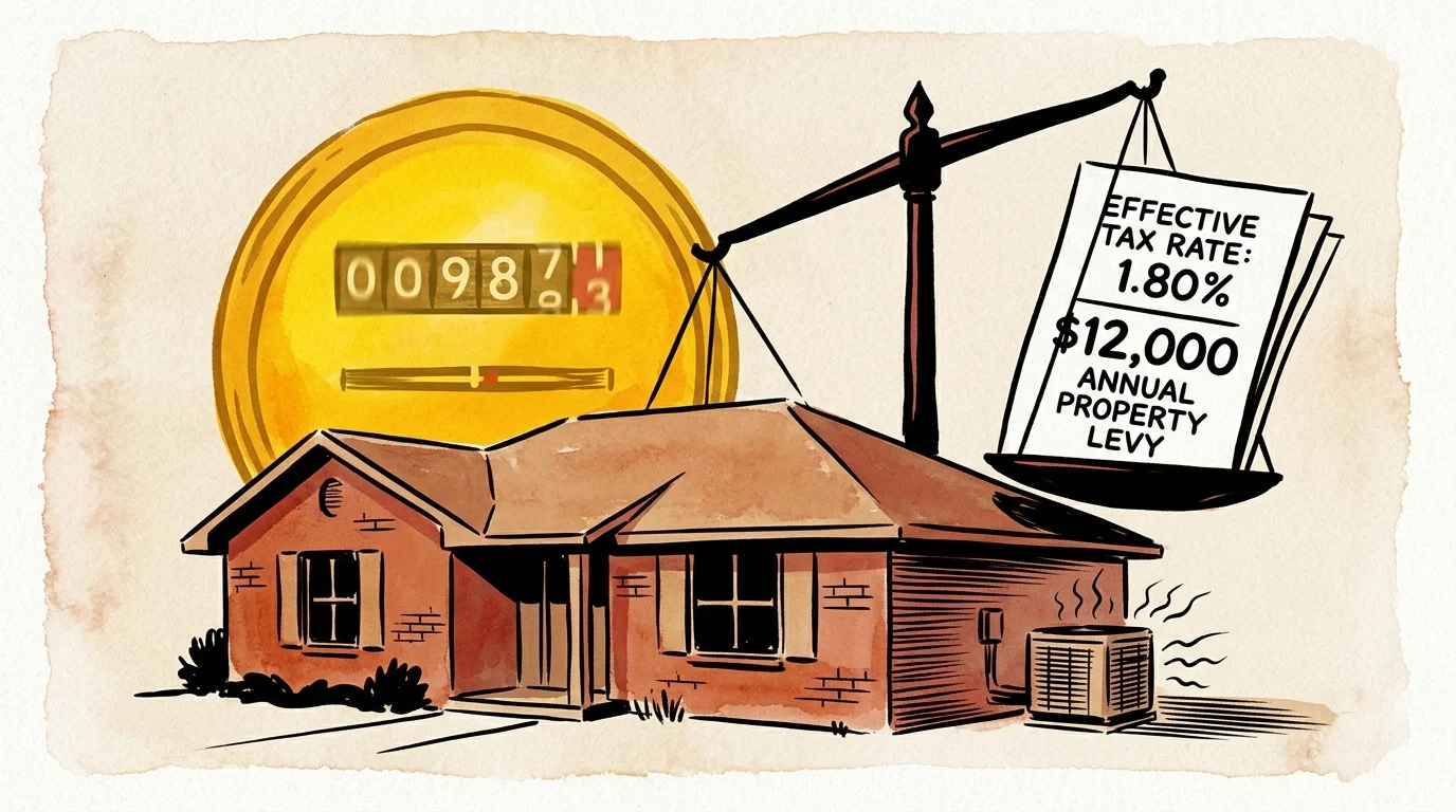 Illustration of a brick house, an electric meter, an AC unit, and a balance scale holding an effective tax rate bill.