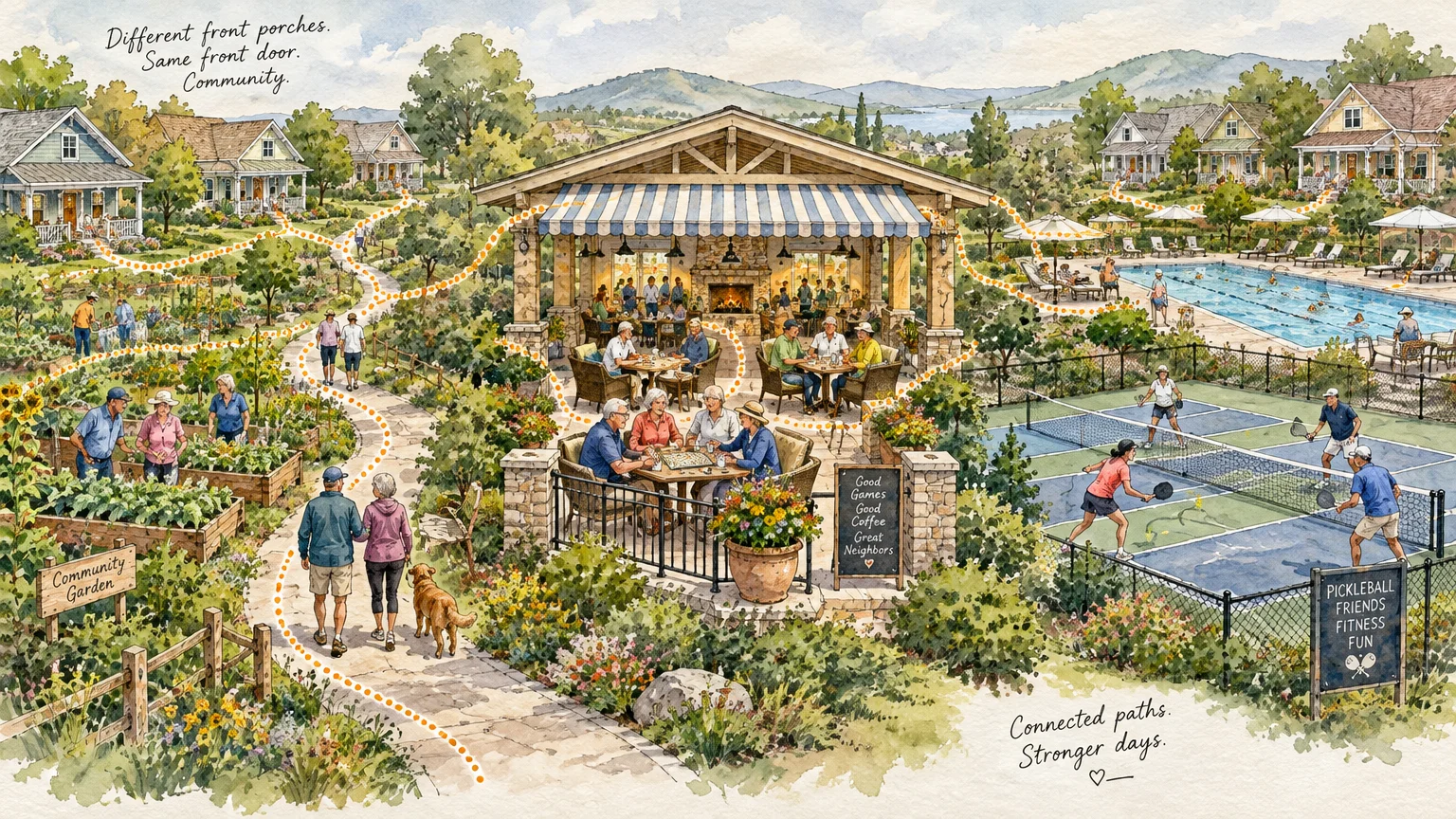 Watercolor illustration of a retirement community with connected paths, a garden, outdoor patio, pickleball courts, and pool.