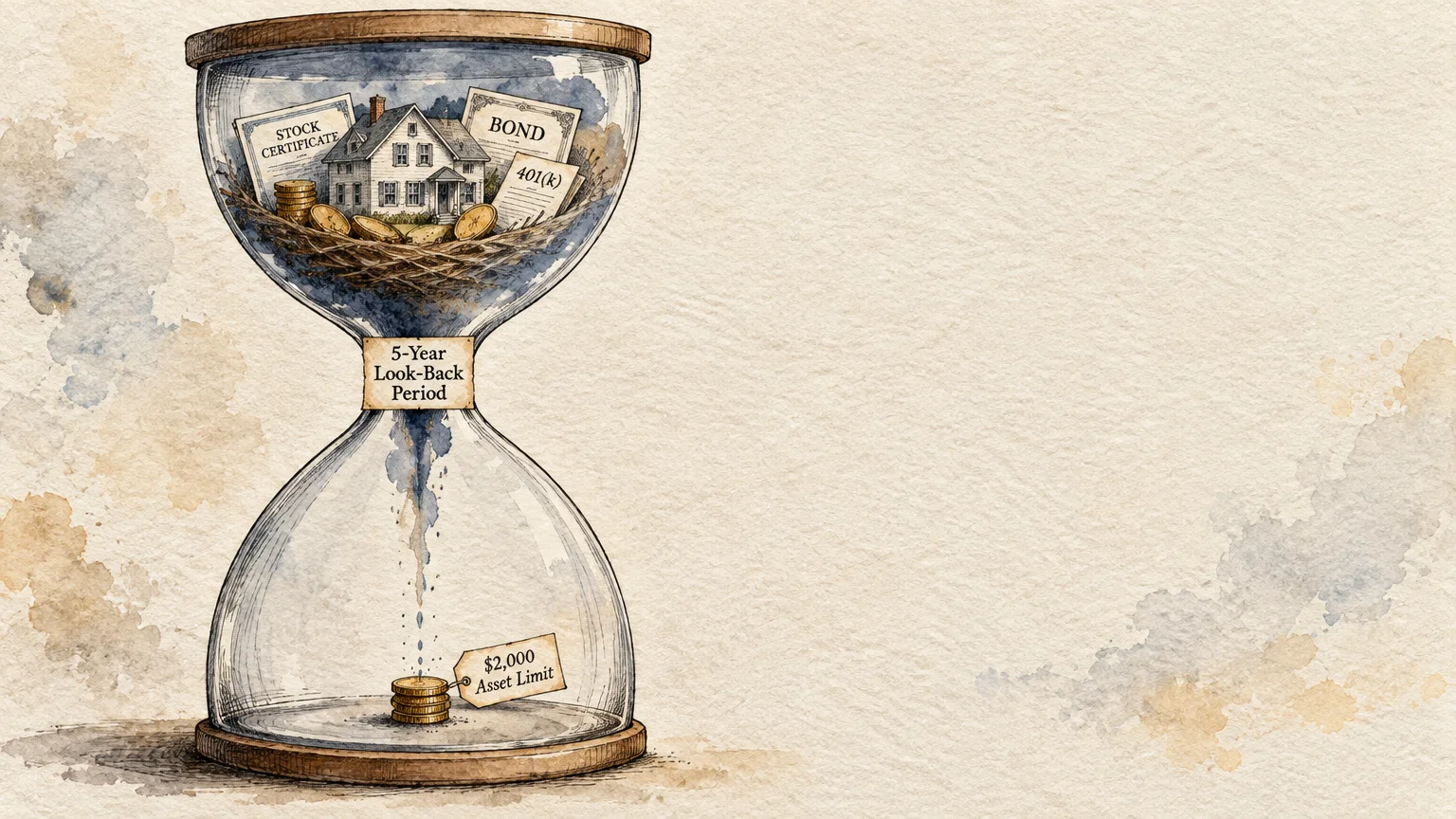 Hourglass with house and investments in top bulb filtering down to small stack of coins labeled $2,000 Asset Limit.