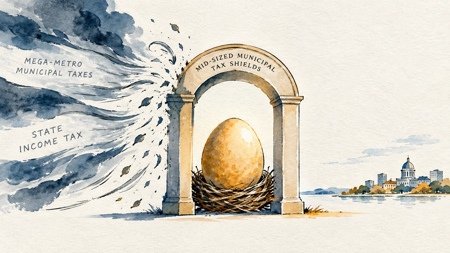 Illustration of a stone arch shielding a golden nest egg from stormy winds labeled with tax burdens.