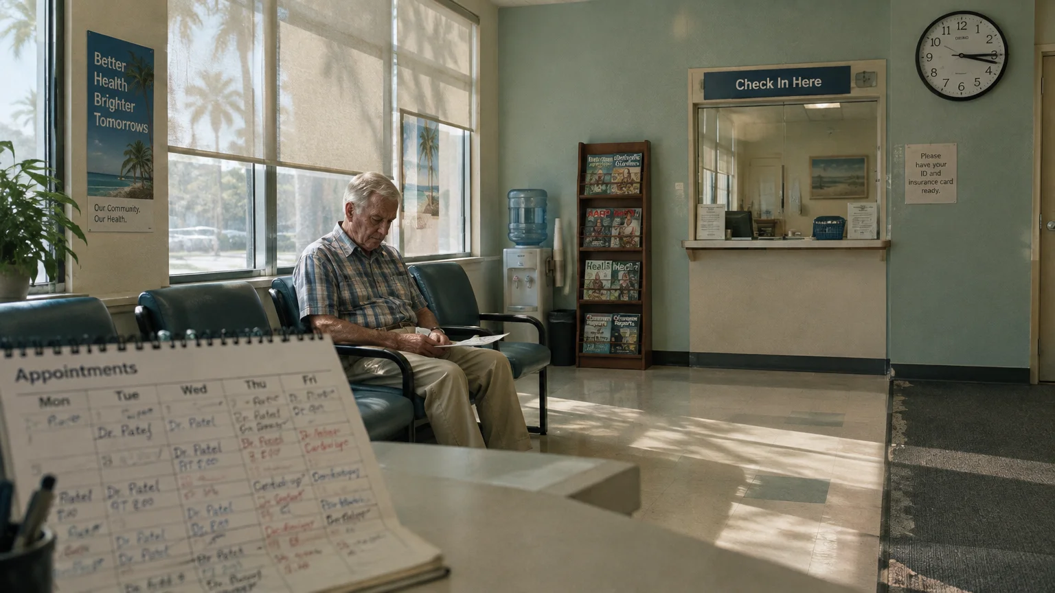 An elderly man sits alone in a clinic waiting room near a check-in window and an appointment calendar.