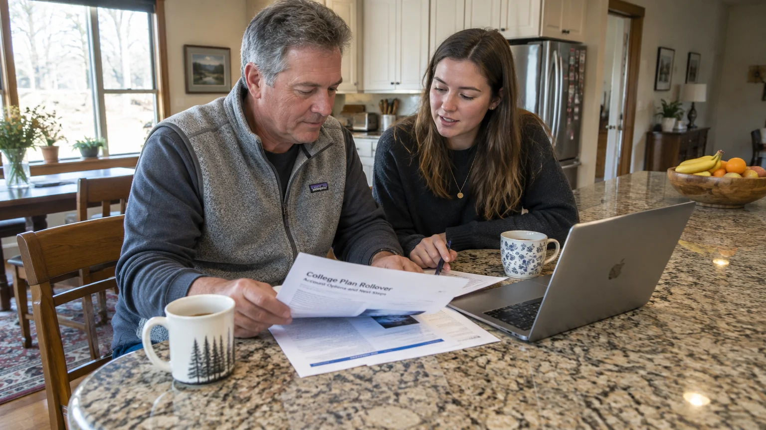 A man and woman review college plan rollover paperwork and a laptop at a kitchen island.