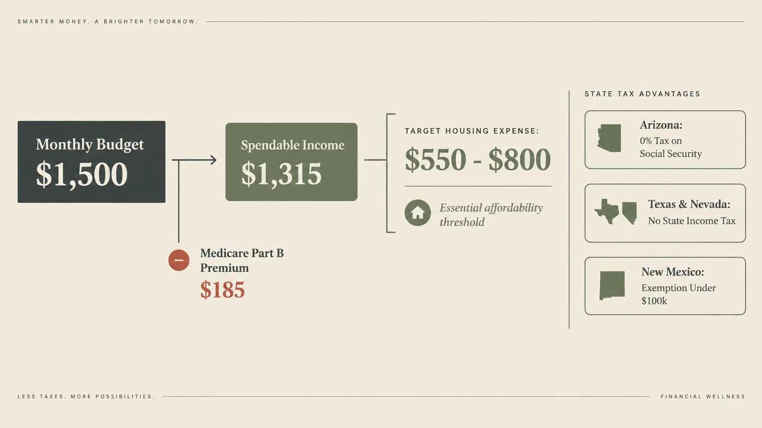 Diagram showing a $1,500 monthly budget minus a $185 Medicare Part B premium, leaving $1,315 spendable income.