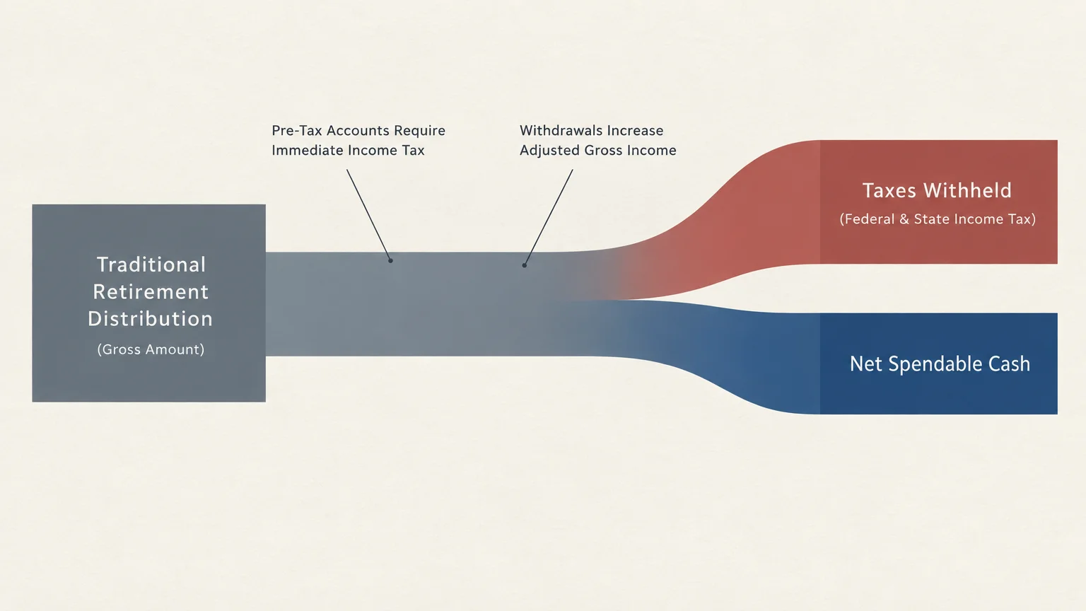 Sankey diagram showing a traditional retirement distribution splitting into taxes withheld and net spendable cash.
