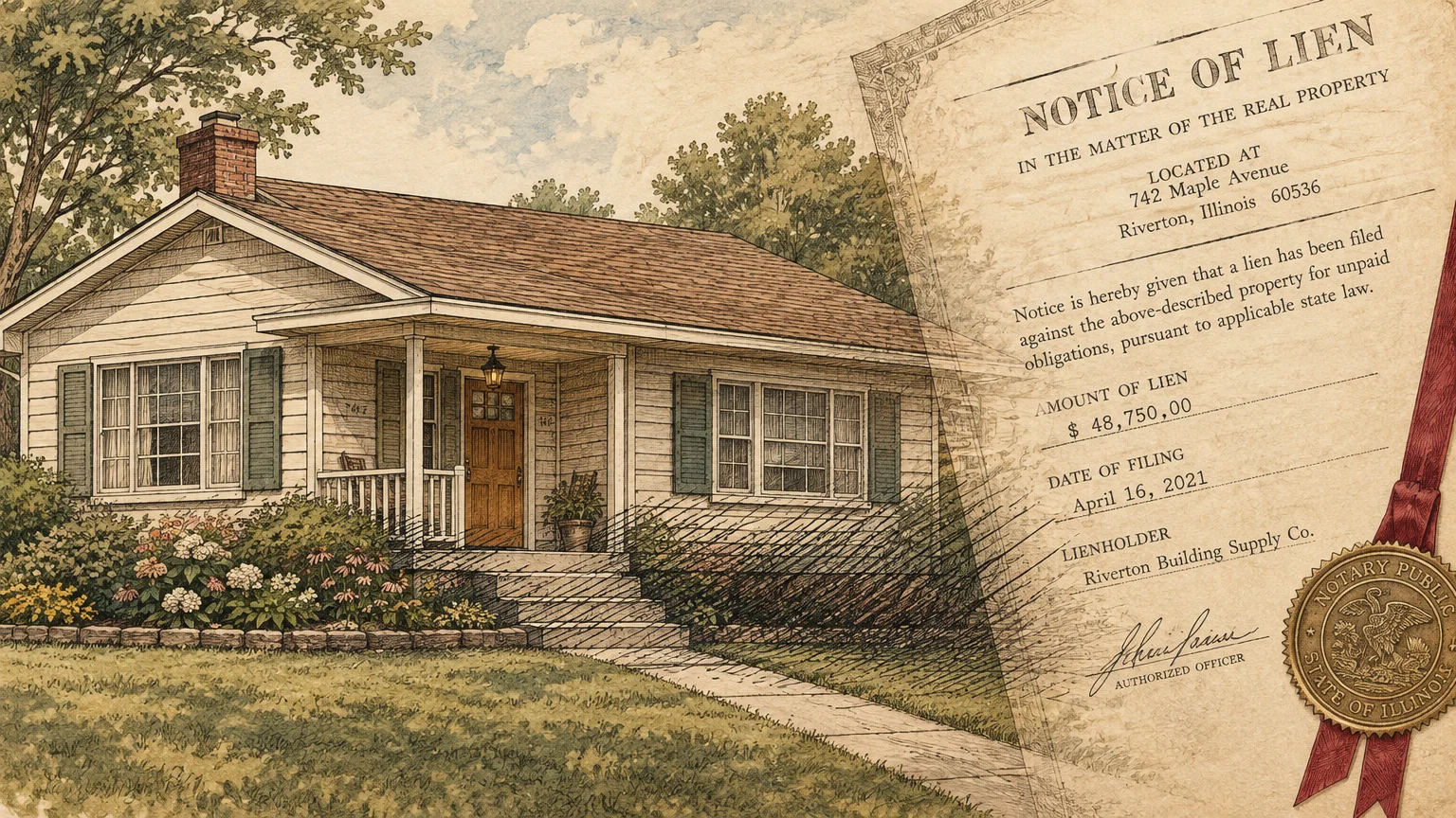 Illustration of a suburban house overlaid with an official legal document titled Notice of Lien with a red-ribboned seal.