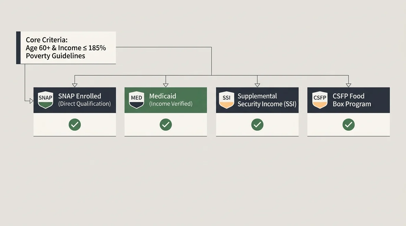 Flowchart showing core age and income criteria linking to SNAP, Medicaid, SSI, and CSFP qualification boxes.