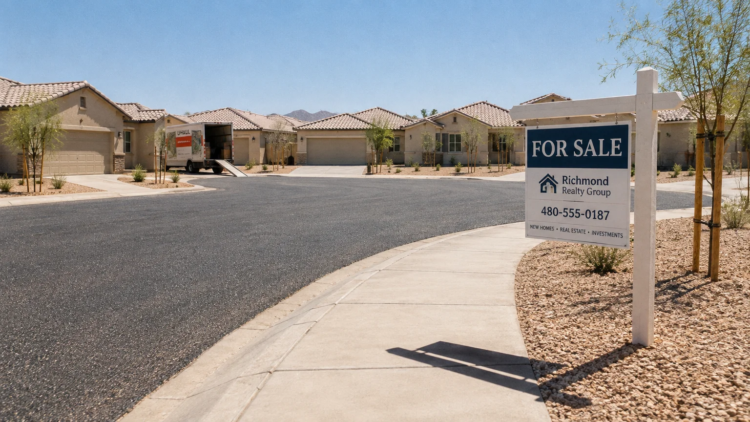 A for-sale real estate sign stands along a suburban cul-de-sac of stucco homes with a moving truck parked nearby.