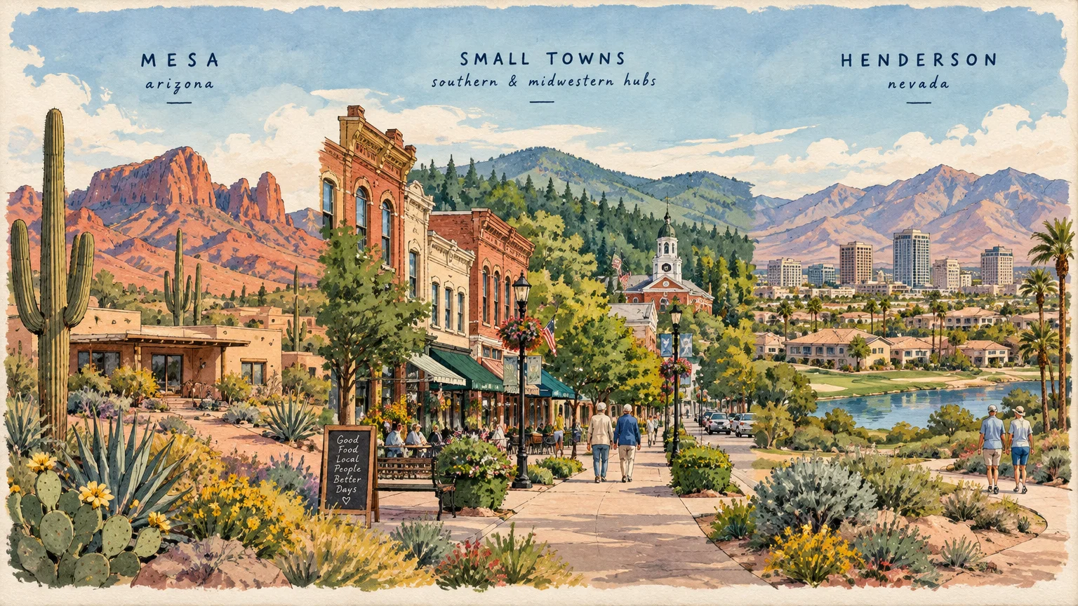 Split watercolor illustration featuring desert mountains in Mesa, a small-town main street, and a Henderson skyline.