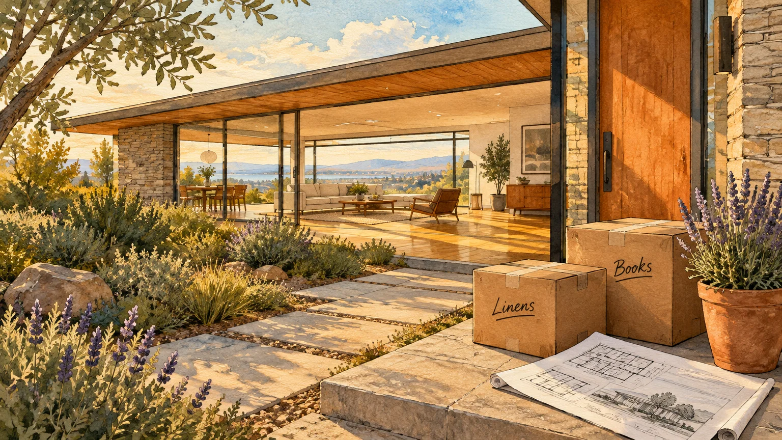 Packed cardboard boxes and blueprints sit on the stone patio of a modern, open-concept single-story house.