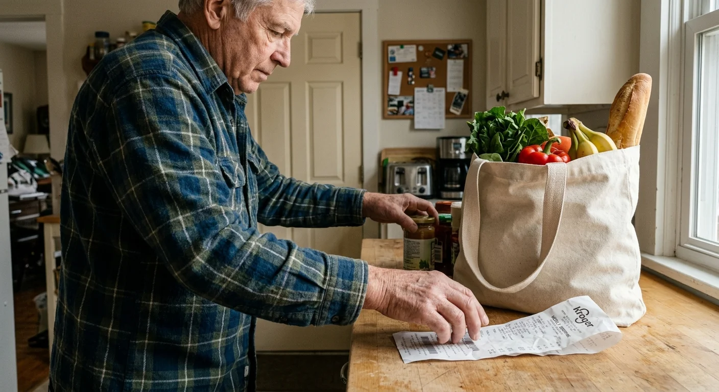 An older man unloads groceries from a canvas tote bag onto a wooden counter while checking a receipt.