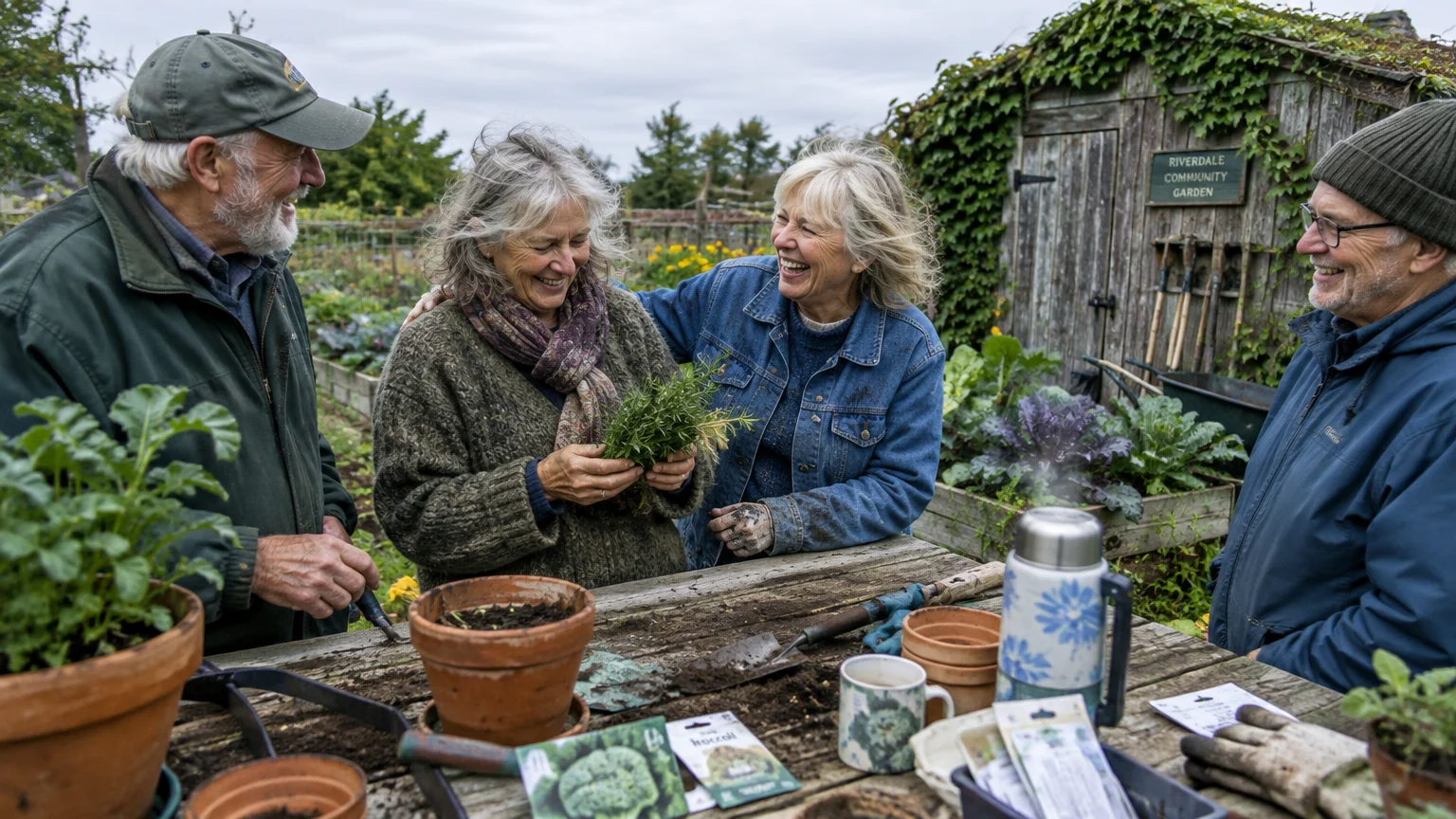 Four older adults laugh together around a potting table with plants and seed packets in a community garden.