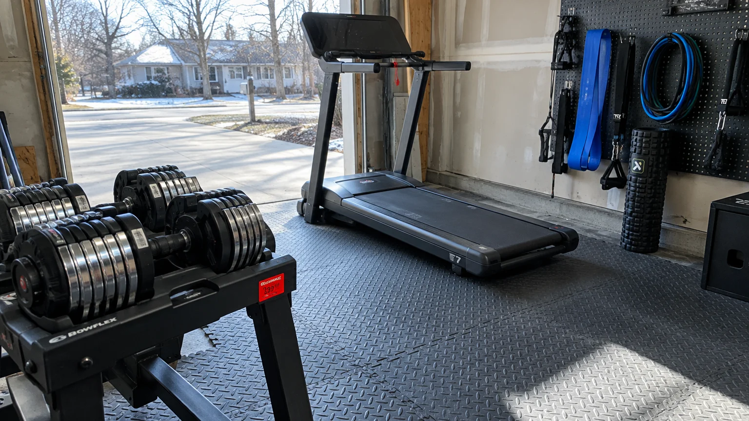 Garage home gym with adjustable dumbbells, a treadmill facing an open door, and workout gear hung on pegboard.