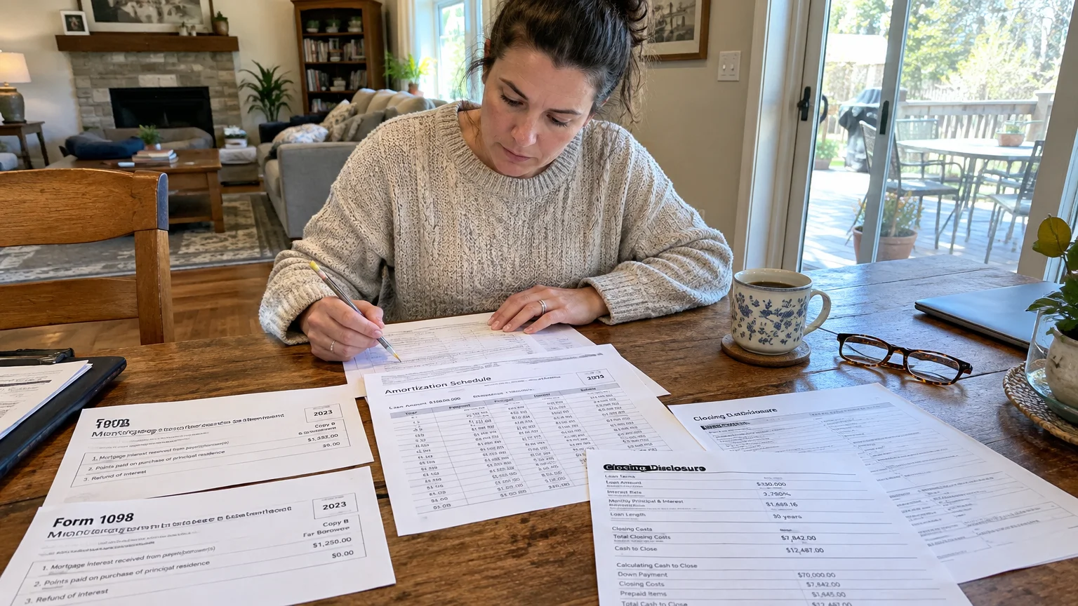 A woman sits at a wooden table reviewing financial papers, including an amortization schedule and closing disclosure forms.