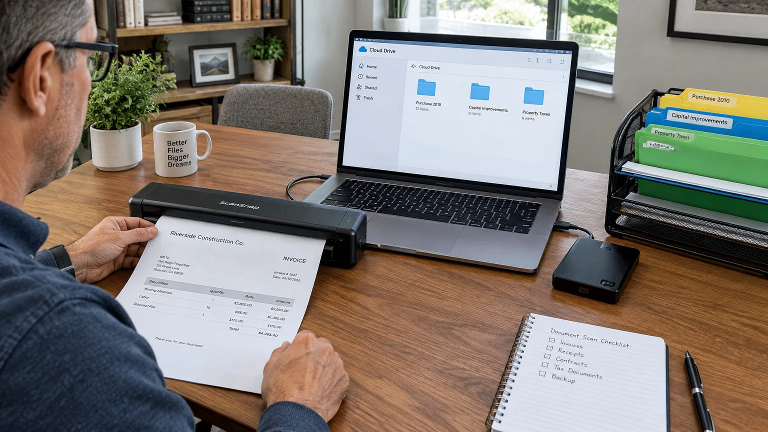 A man scanning an invoice into a laptop connected to cloud storage, alongside an external hard drive and file organizer.