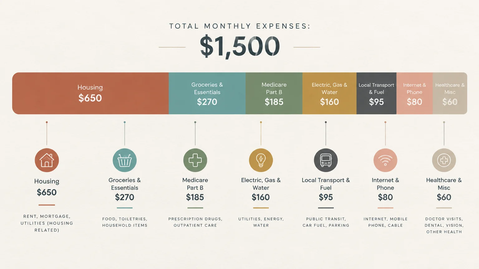 Infographic diagram showing a $1,500 monthly expense breakdown across seven color-coded categories with icons.