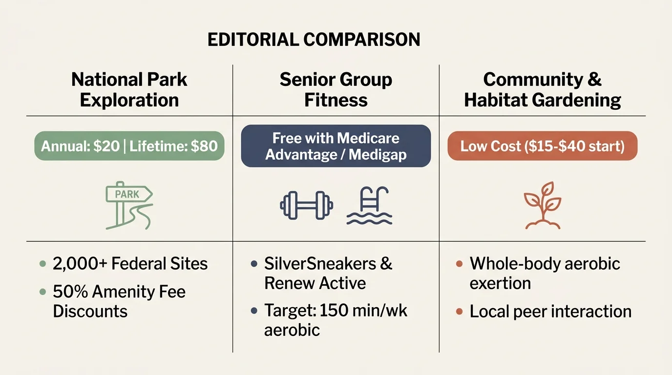 Three-column chart comparing National Park Exploration, Senior Group Fitness, and Community Gardening with costs and benefits.