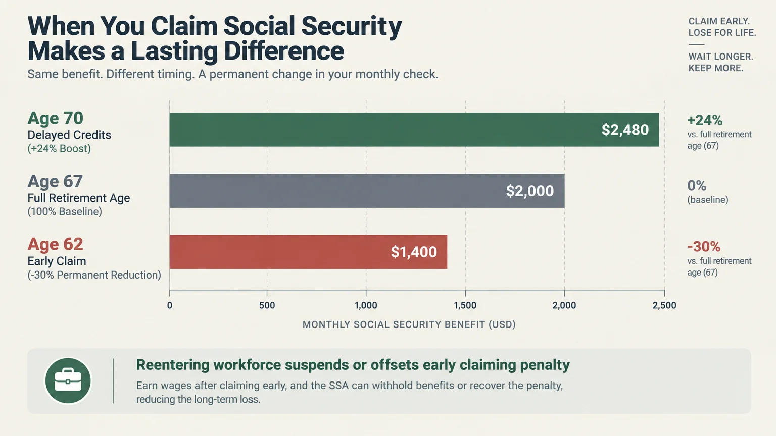 Bar chart comparing monthly Social Security benefits claimed at age 62, age 67 baseline, and age 70 with delayed credits.