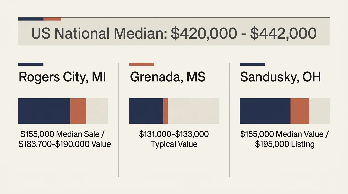 Chart comparing home prices in Rogers City, MI, Grenada, MS, and Sandusky, OH against the US national median.