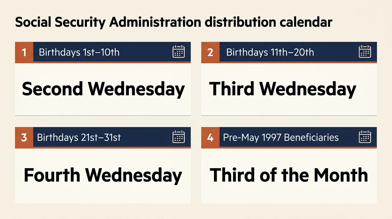 Diagram showing Social Security payment days by birth date range and pre-May 1997 filing status across four blocks.