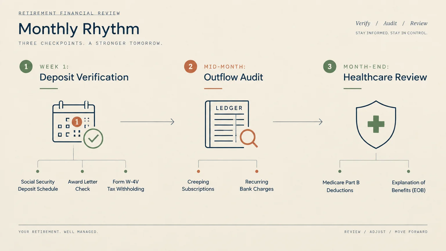 Three-step flowchart outlining Week 1 Deposit Verification, Mid-Month Outflow Audit, and Month-End Healthcare Review.