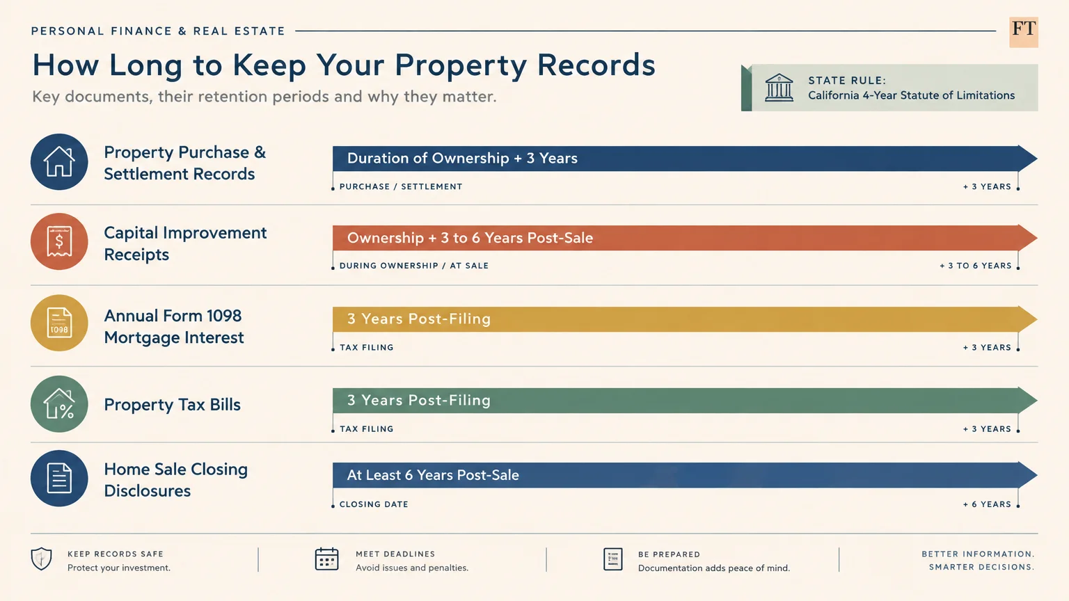 Diagram outlining property record retention timelines for purchase records, capital improvements, and tax documents.