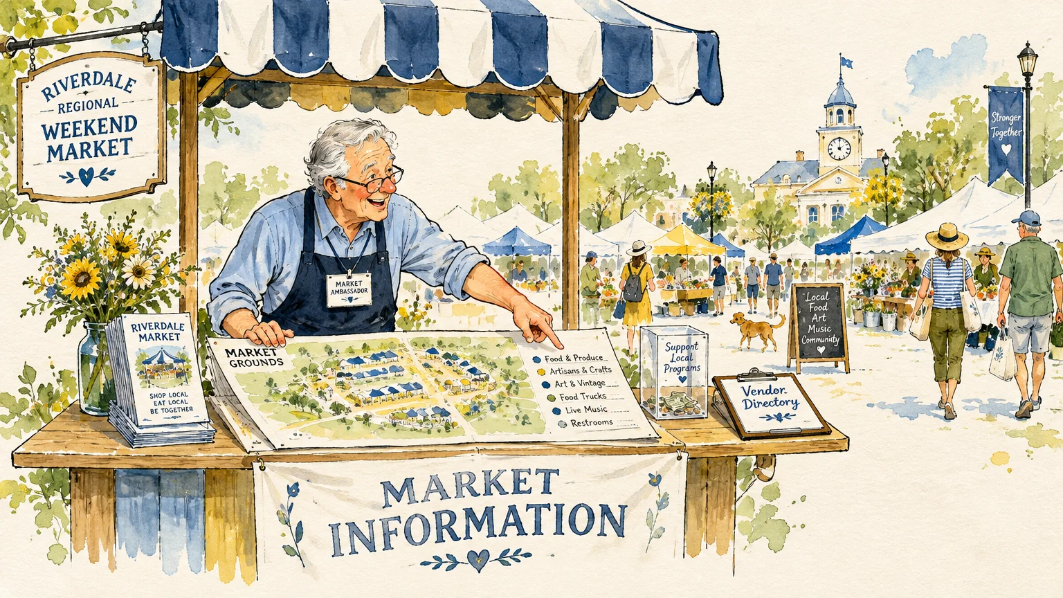 Illustration of a senior man wearing an ambassador badge pointing to a map at an outdoor market information booth.