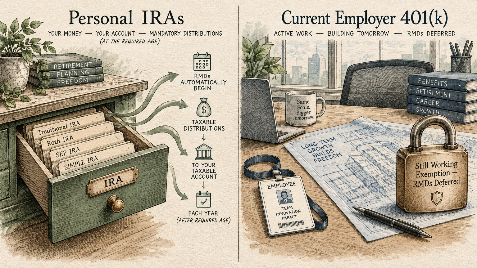 Split desk illustration comparing personal IRA file folders to a modern workplace desk with a lock labeled Still Working Exemption.