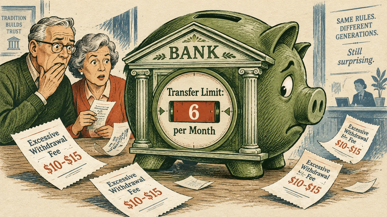 Illustration of an older couple shocked by a bank-shaped piggy bank showing a six-transfer limit and fee slips.