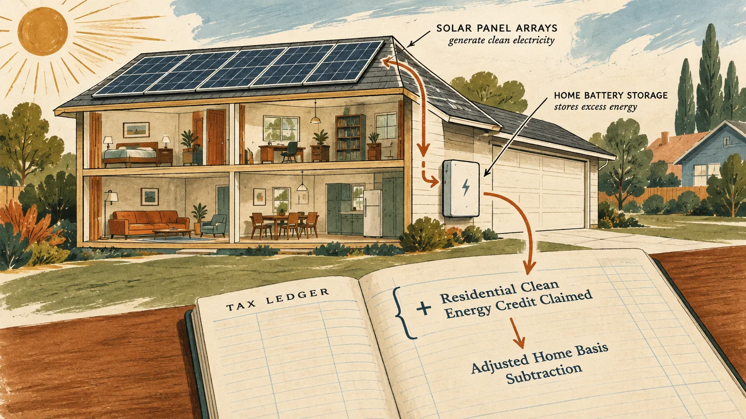 Cutaway illustration of a solar-powered house diagrammed alongside a tax ledger showing clean energy basis adjustments.