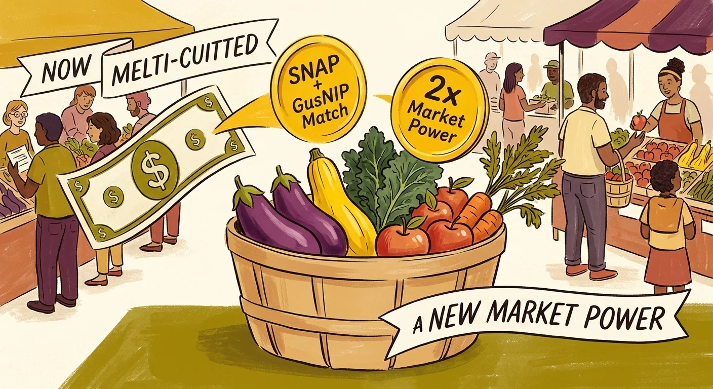 Illustration of shoppers at farmers market stalls around a basket of fresh produce with gold coins and cash graphic.