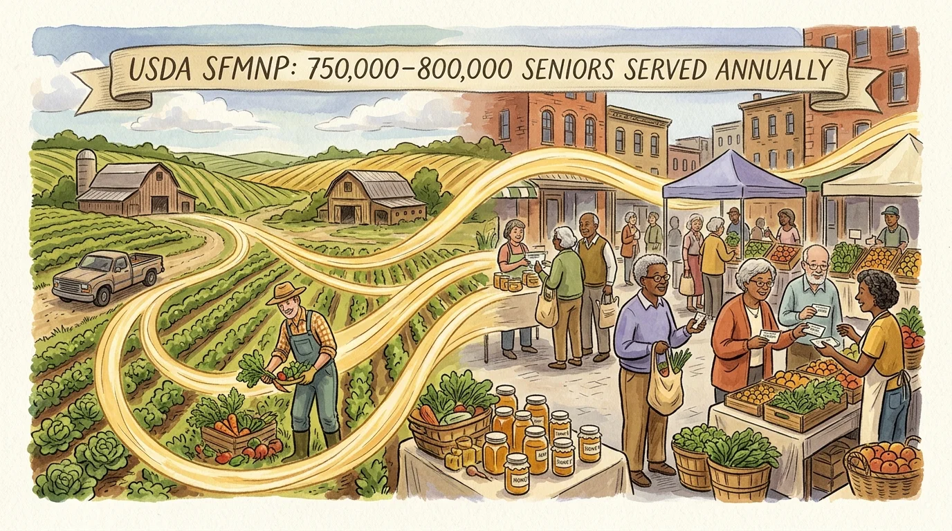 Illustration of a farm linked by golden ribbons to a bustling outdoor market where seniors shop for fresh produce.
