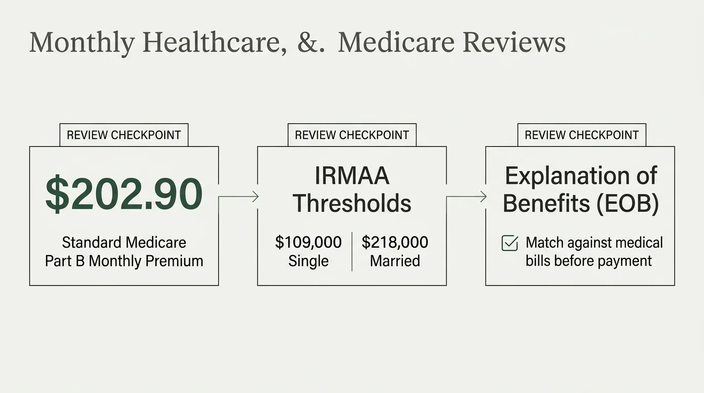 Three-step diagram showing review checkpoints for Medicare Part B premiums, IRMAA thresholds, and Explanation of Benefits.
