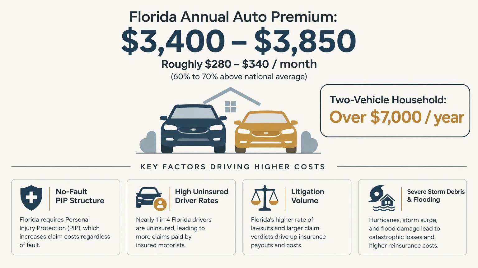 Infographic showing Florida auto premiums of $3,400 to $3,850 and key cost factors like PIP and litigation.