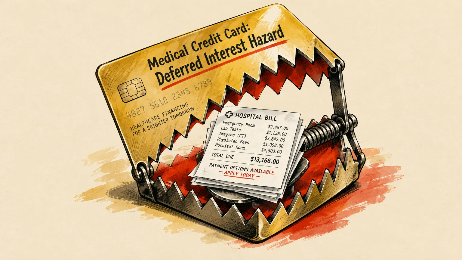 Illustration of a bear trap shaped like a gold credit card baited with an itemized hospital bill.