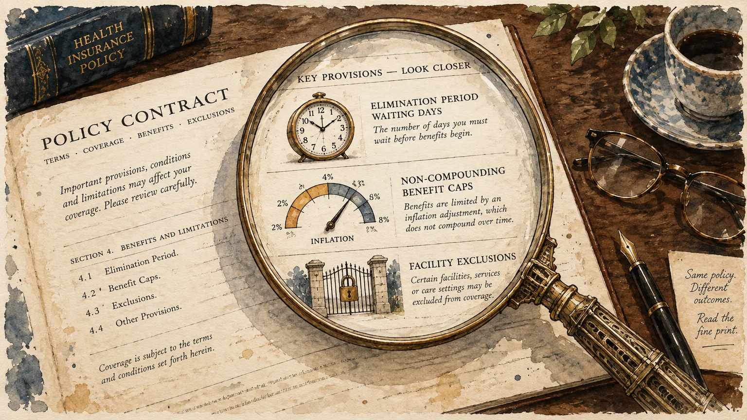 Watercolor illustration of an insurance policy contract under a magnifying glass beside glasses and a coffee cup.