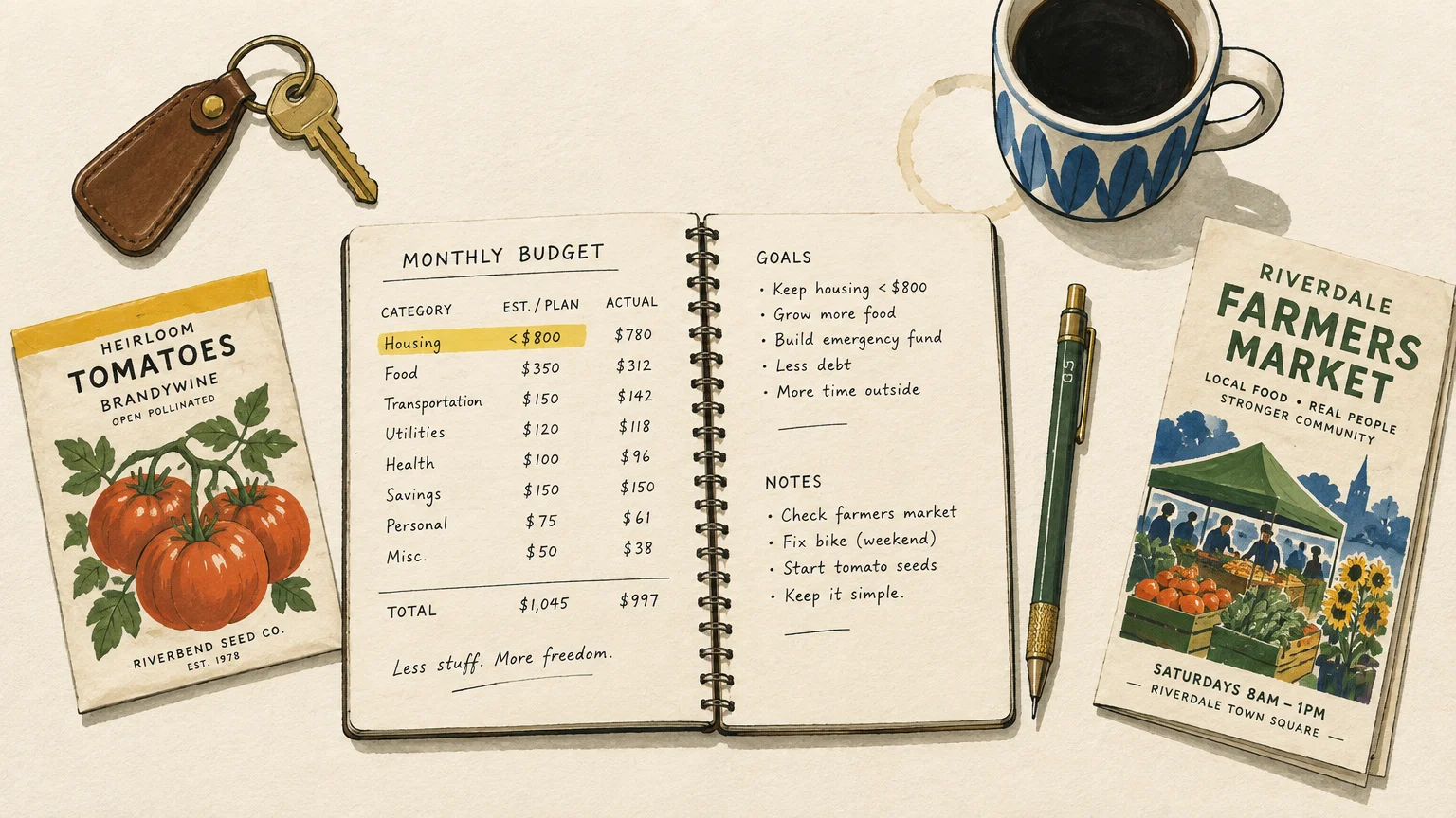 Overhead view of an open monthly budget notebook beside tomato seeds, a farmers market flyer, keys, and a coffee mug.