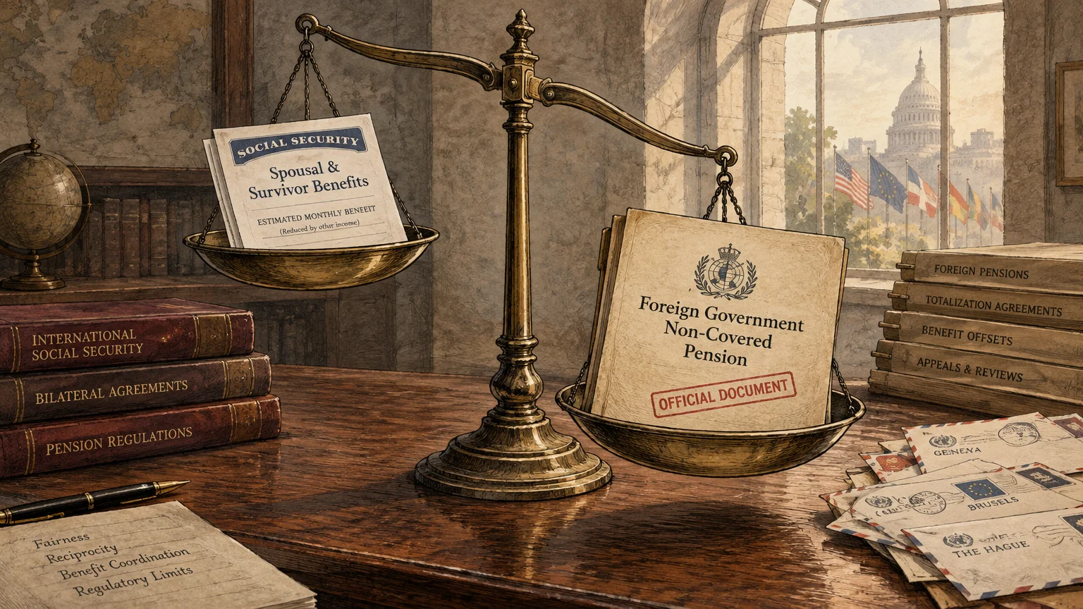 Brass balance scale weighing documents for Social Security spousal benefits against a foreign non-covered pension folder.
