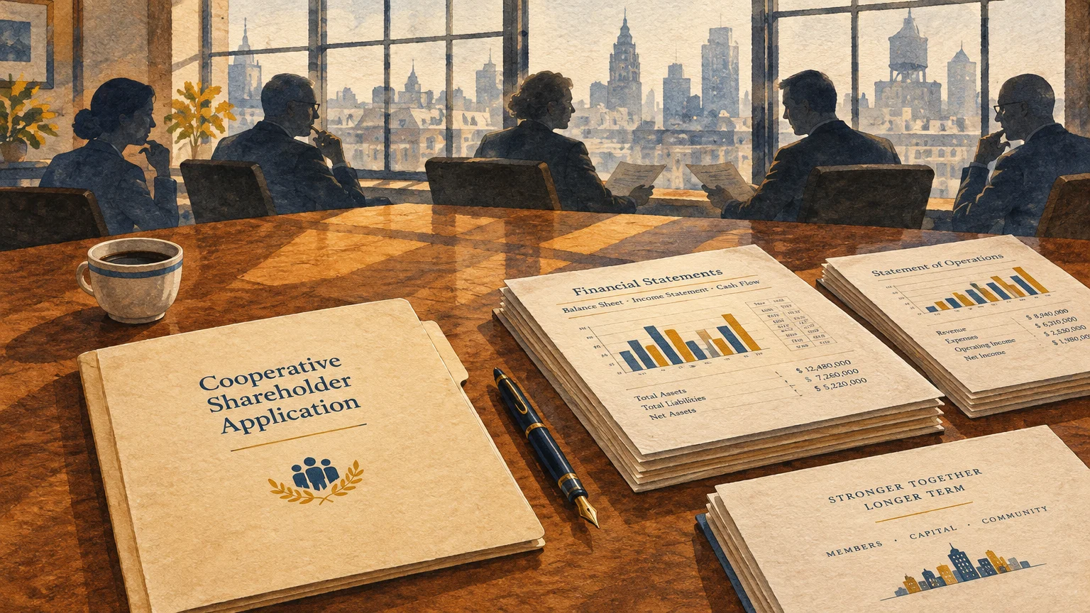 Illustration of a board table with shareholder applications and financial statements overlooking a city skyline.