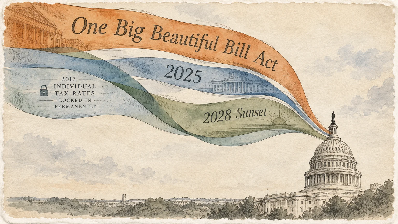 Illustration of the U.S. Capitol dome with colorful flowing banners marking the One Big Beautiful Bill Act and 2028 sunset.