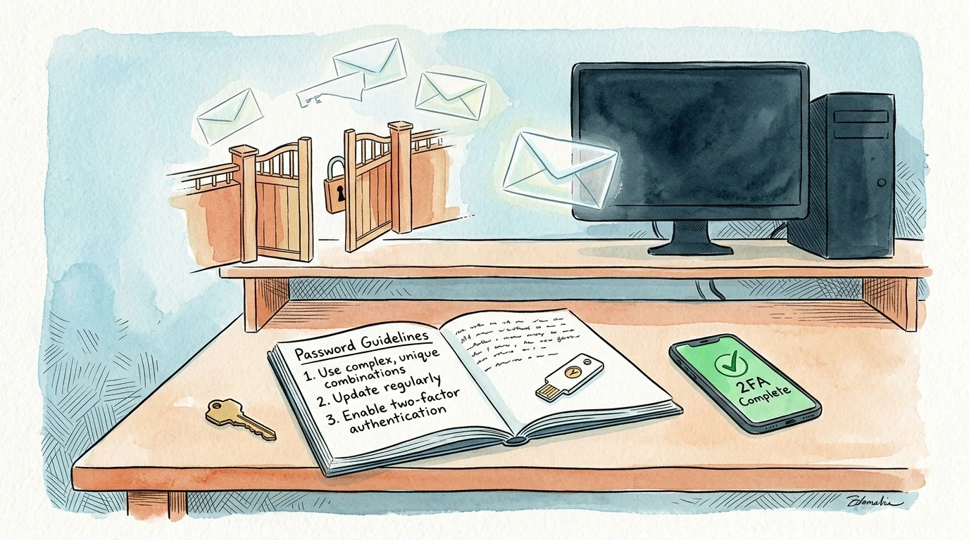 Illustration of a computer desk with flying mail envelopes, open wooden gates, a password notebook, and a 2FA phone.