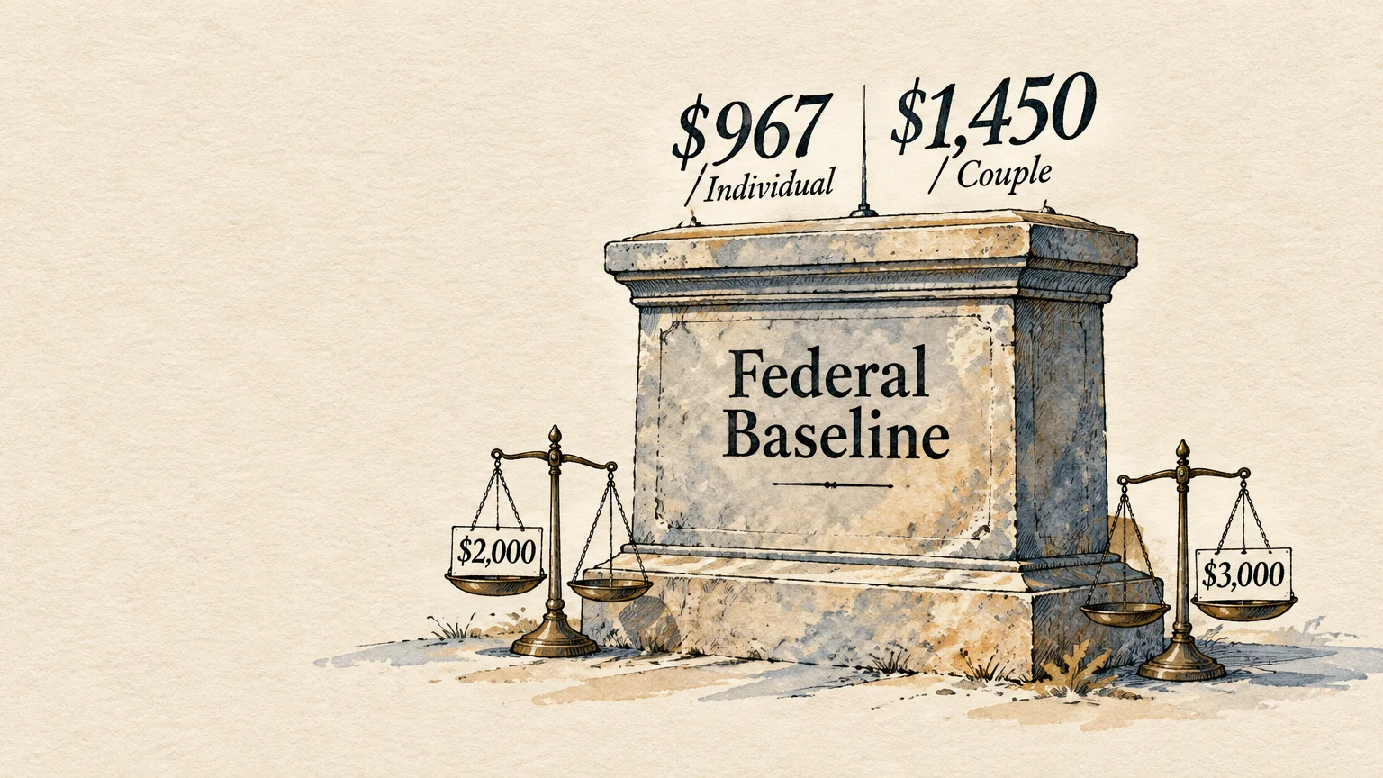 Stone pedestal labeled Federal Baseline between scales showing 2000 and 3000 dollars, topped with monthly payment figures.