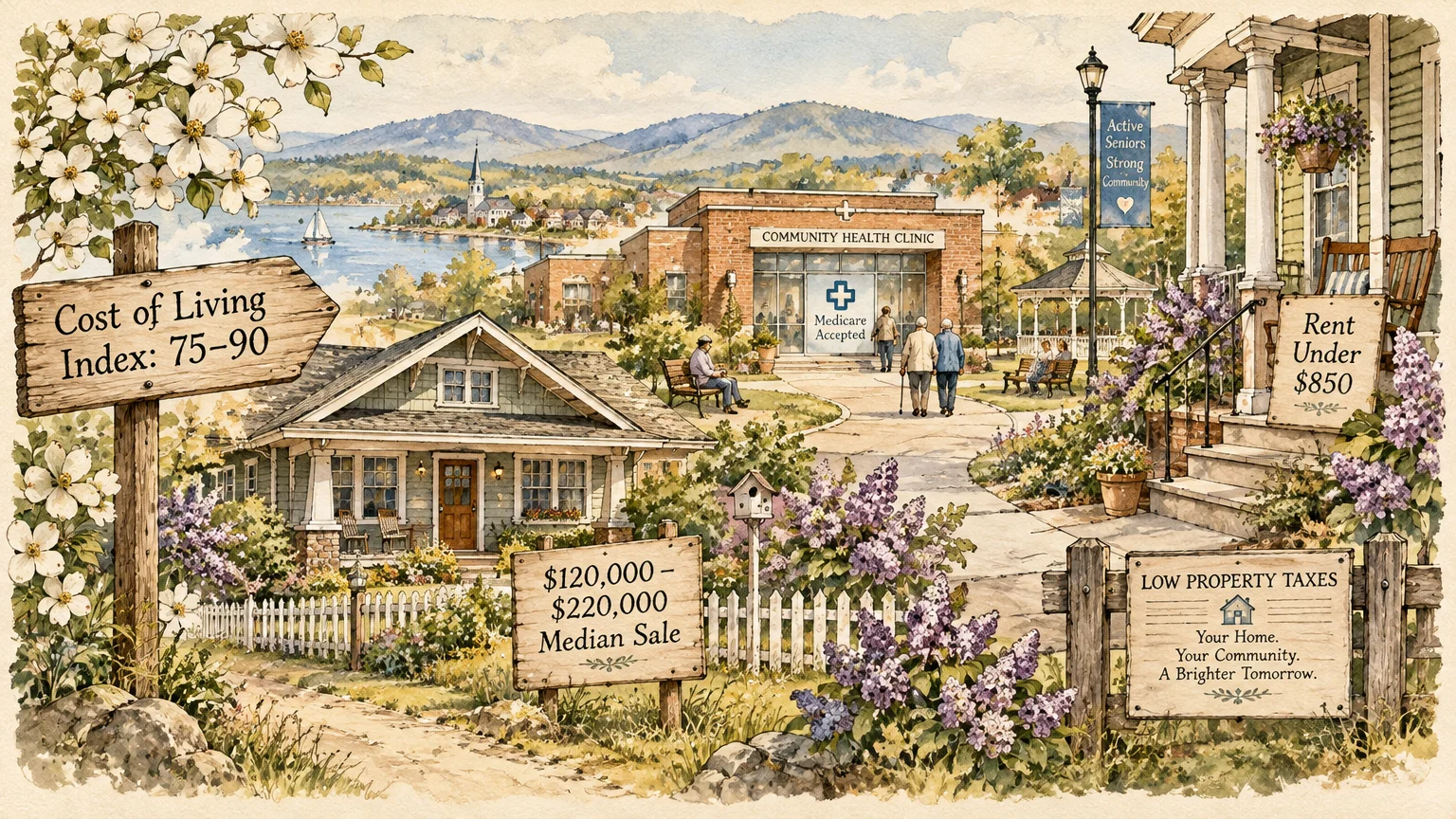 Illustration of a lakeside town with signs displaying affordable housing prices, rent under $850, and a health clinic.