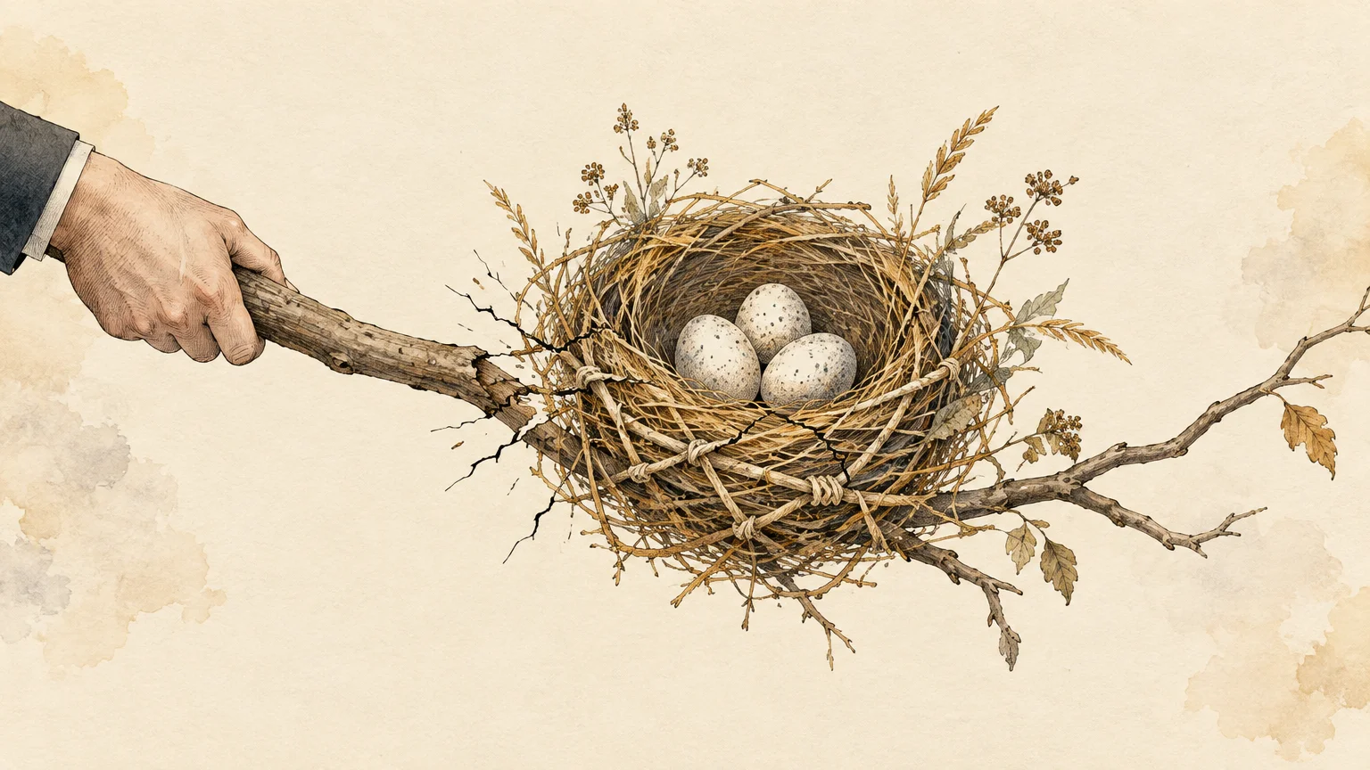 Illustration of a suited hand holding a cracking tree branch supporting a bird's nest with three speckled eggs.